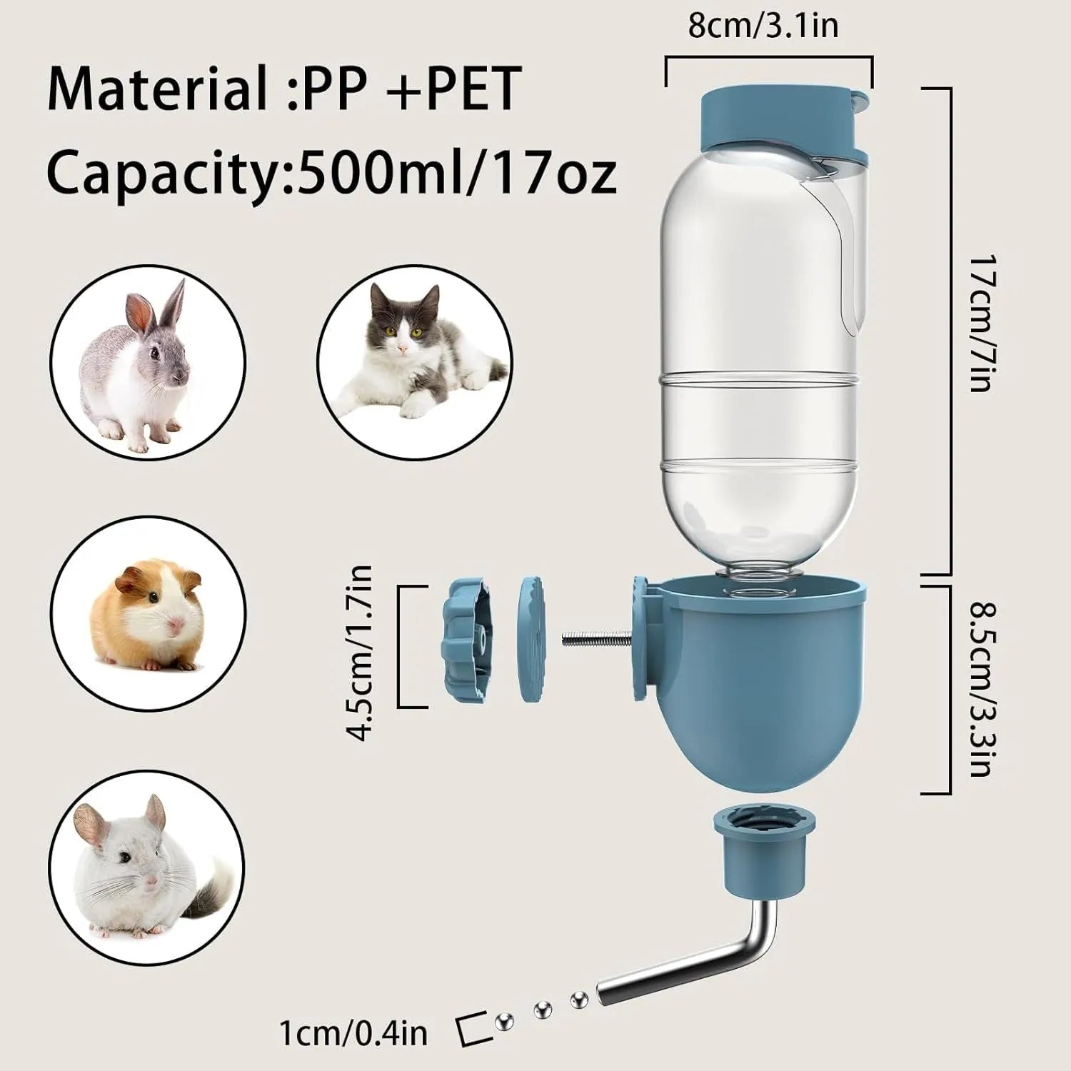 Blue small animal cage water bottle with rotatable nozzle and stainless steel drinking ball