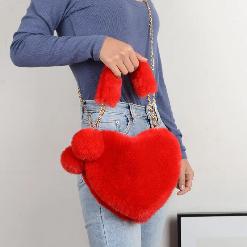 Heart-shaped plush women's handbag with shoulder strap in Valentine red colour