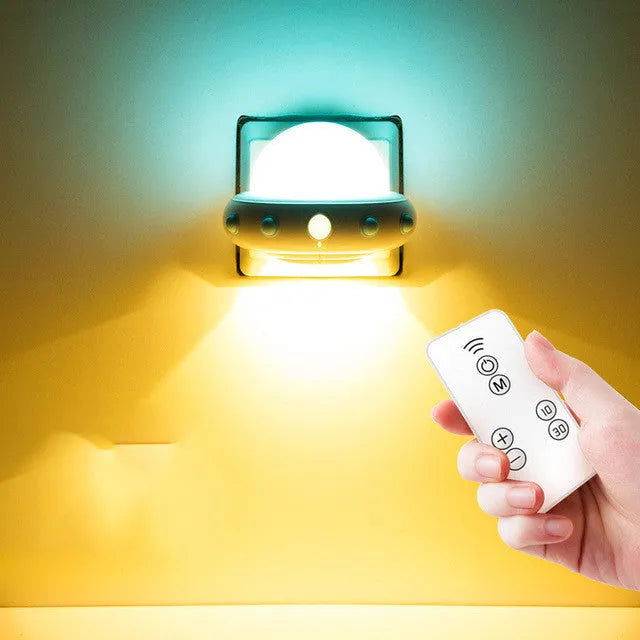 Remote control UFO bedside night light in blue colour with cartoon design