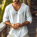 Men's slim fit beige V-neck long sleeve t-shirt in hemp blend polyester fabric