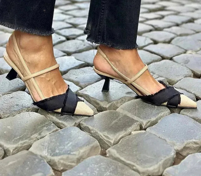Apricot black colour block women's stiletto sandals with pointed toe and buckle strap.