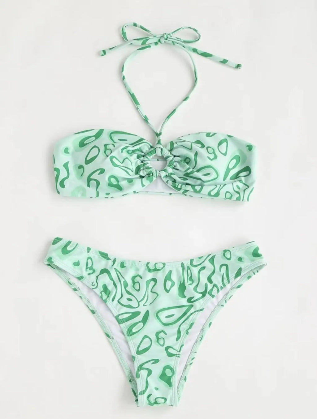 Women's floral bandeau bikini swimsuit in blue with split hipster design