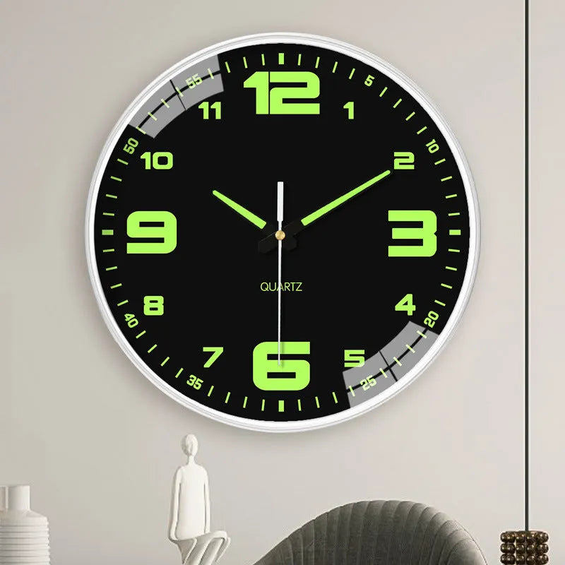 20cm modern luminous wall clock with plastic shell on a wall.