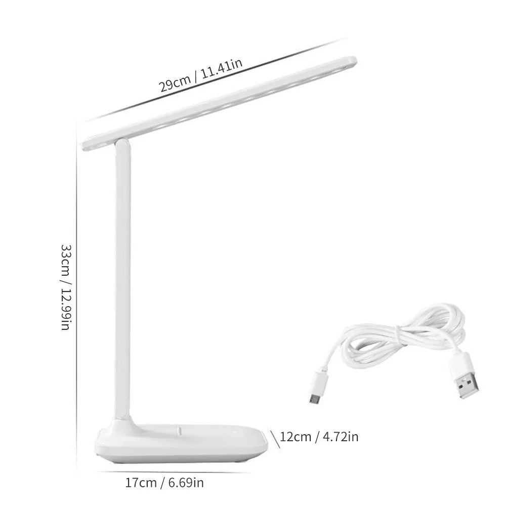 White plastic LED table lamp with touch dimming control and USB charging for children's bedroom use