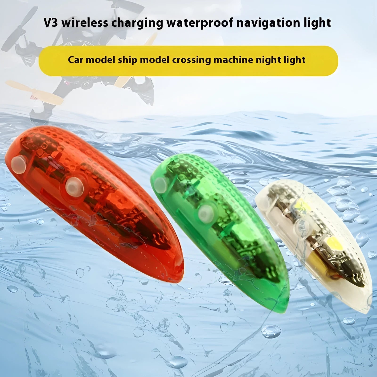 V3 wireless charging waterproof navigation light for scale models with adhesive backing.