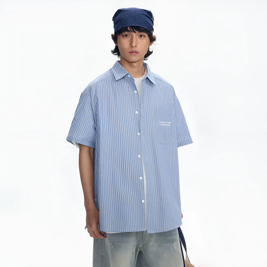 Blue striped short-sleeve shirt with loose cardigan style for casual wear