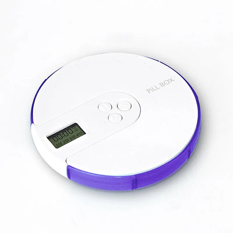Blue 7-compartment alarm clock pill dispenser showing time display and medication slots