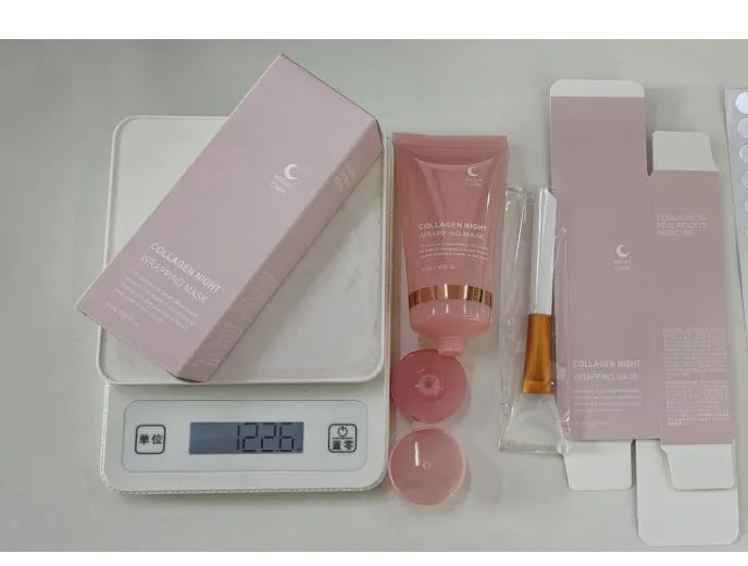 Collagen night face mask in 75ml bottle with application brush for firming and hydration
