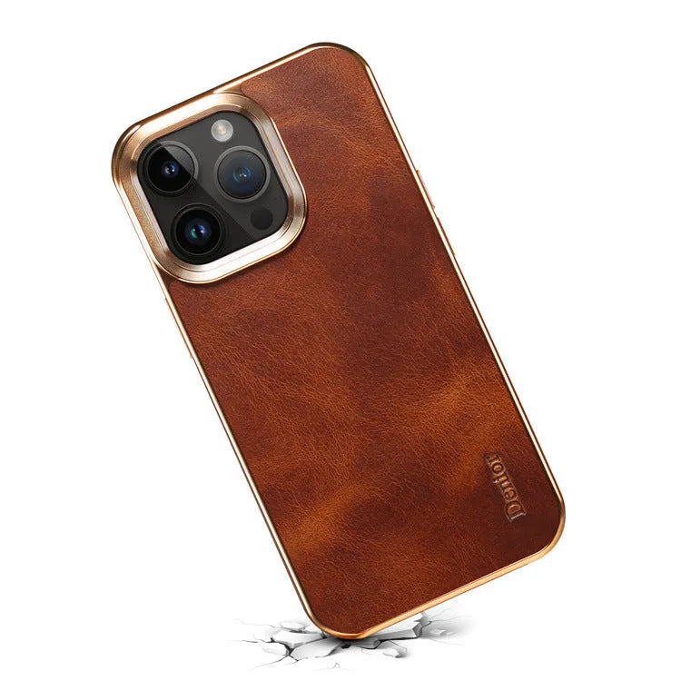 Handmade vintage leather phone case for iPhone showing slim profile and precise cutouts