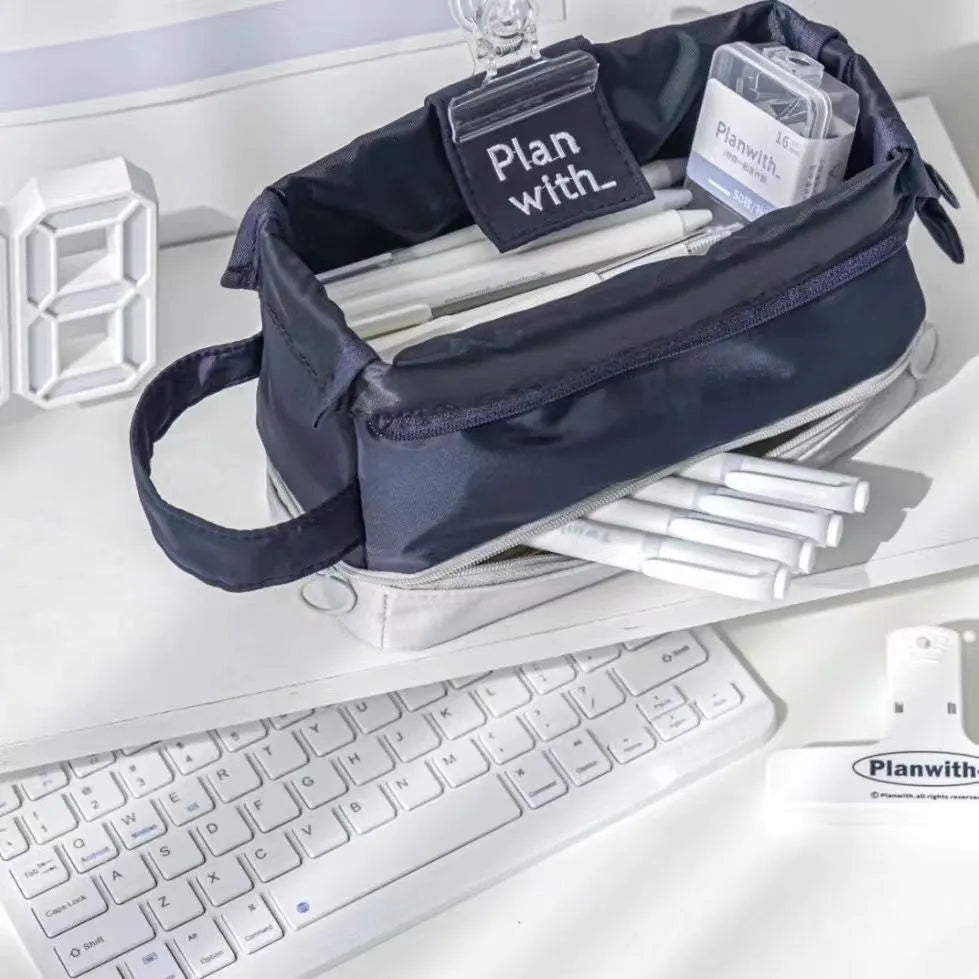 Polyester folding double-layer pencil case in dark blue, blue, and cream white colour options.