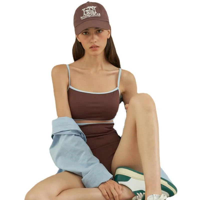 Brown women's triangle top one-piece swimsuit in nylon fabric showing front design