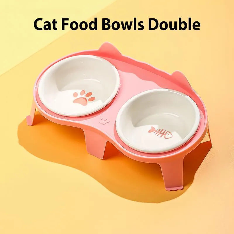Ceramic cat food and water bowl set on elevated tilted stand with hook design