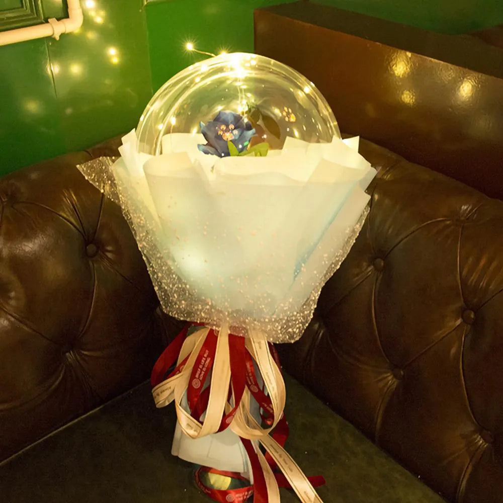 DIY LED luminous transparent balloon with artificial rose and lights inside for decoration.