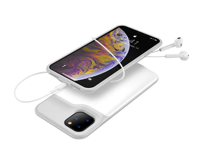 Shockproof silicone battery charging case for iPhone in black, blue, pink, or white colours.