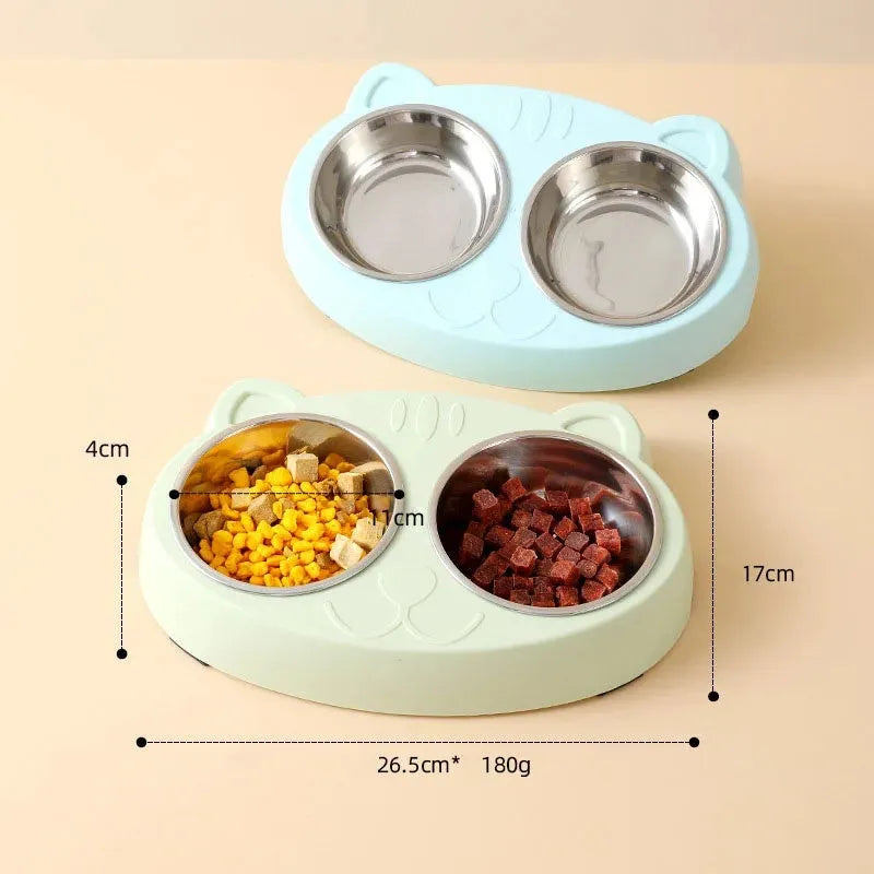 Macaron-shaped plastic double bowl pet feeder in blue colour with separate food and water compartments