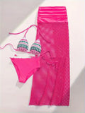 Women's brown bikini three-piece set with long fishnet skirt on a mannequin