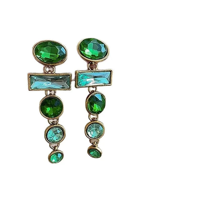 A pair of women's green gradient alloy drop earrings with a geometric tassel design and inlaid zircon stone.