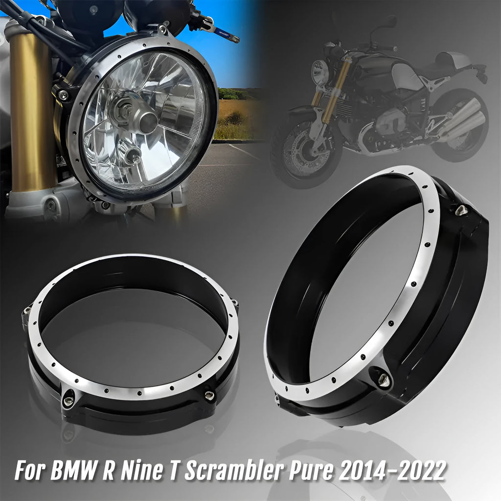 Black CNC aluminium headlight protective cover for BMW R Nine T Scrambler motorcycle