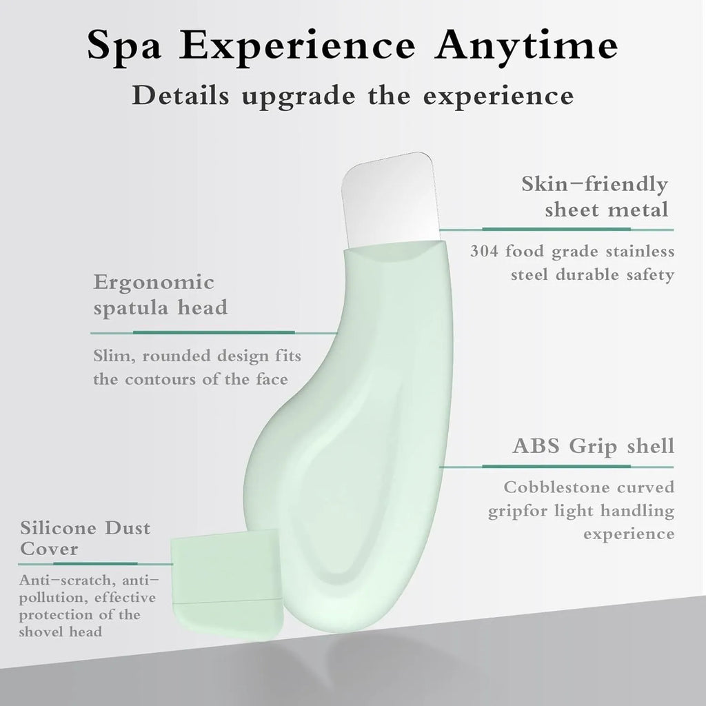 Green stainless steel facial pore scraper tool with a non-slip handle for blackhead removal.