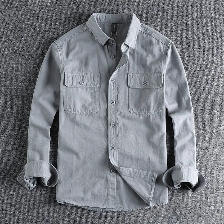 Men's loose long sleeve cardigan overalls in light grey polyester fabric.