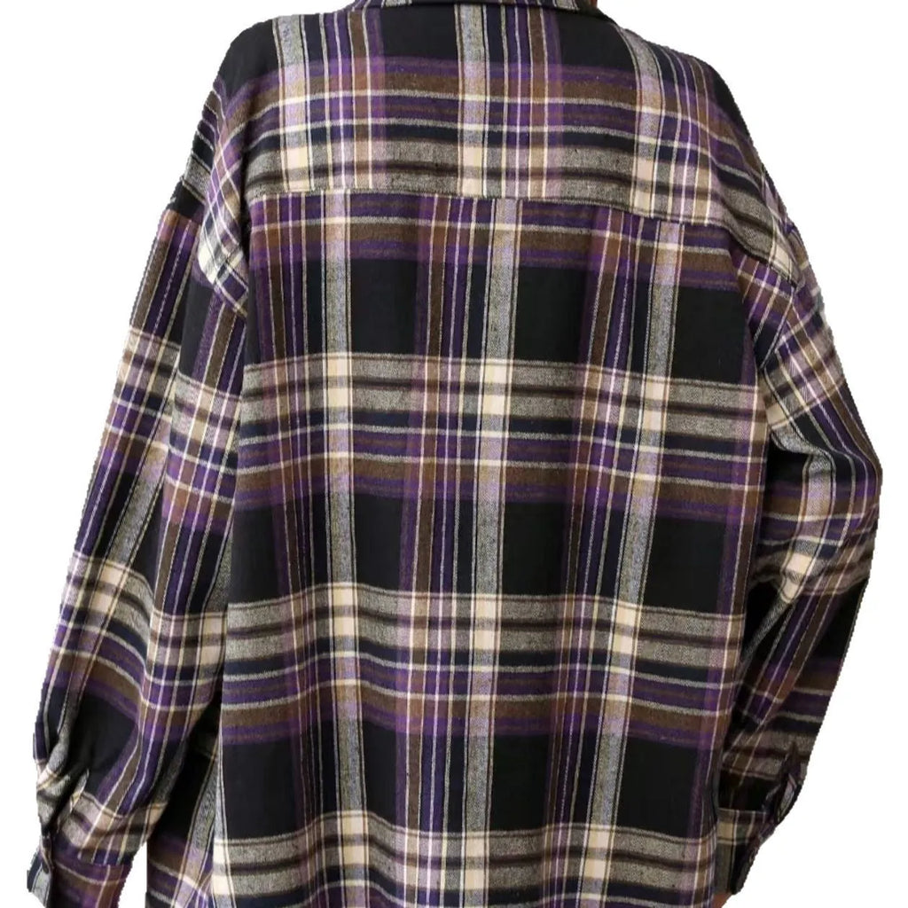 Women's loose fit cotton plaid shirt in black, shown with long sleeves and a button front.
