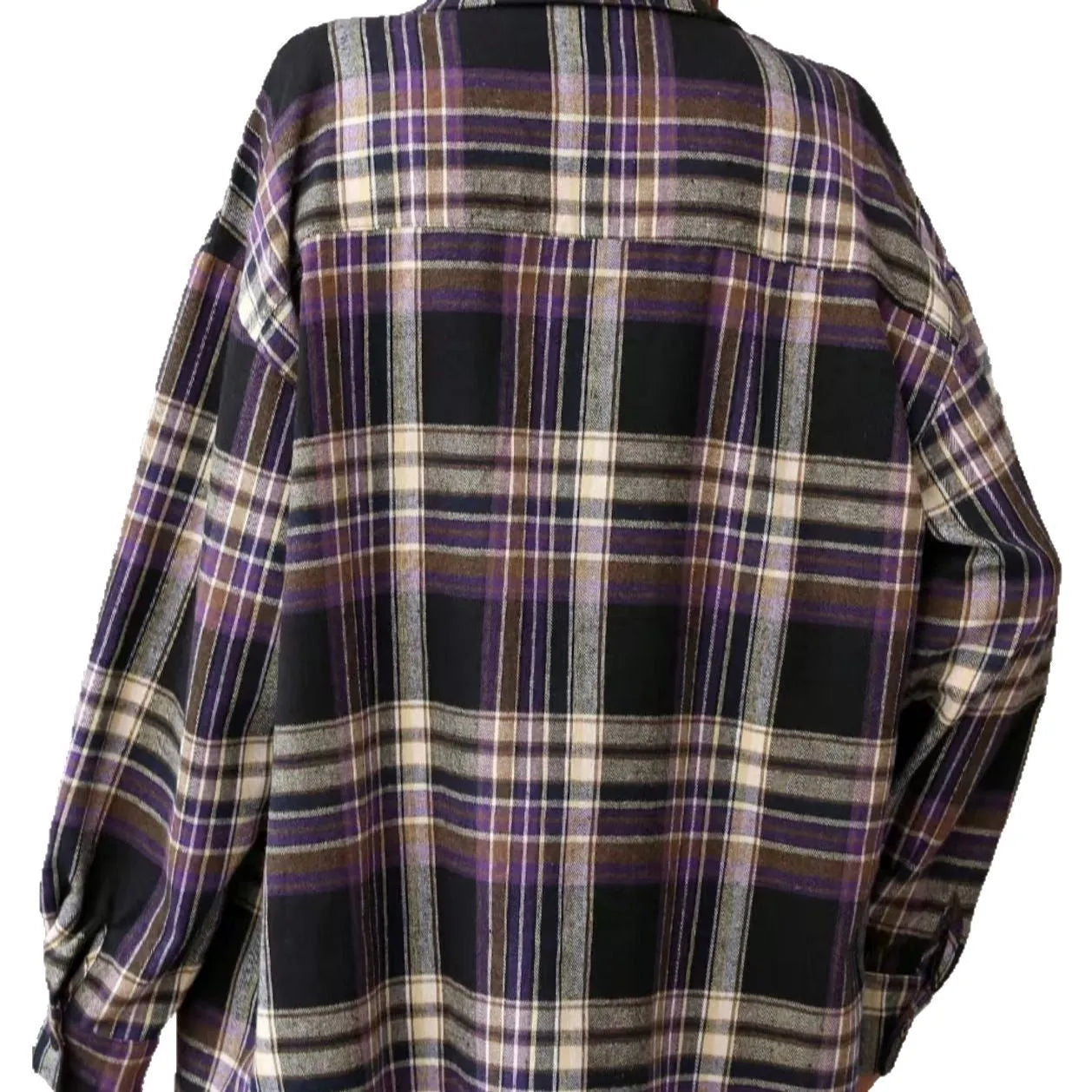 Women's loose fit cotton plaid shirt in black, shown with long sleeves and a button front.