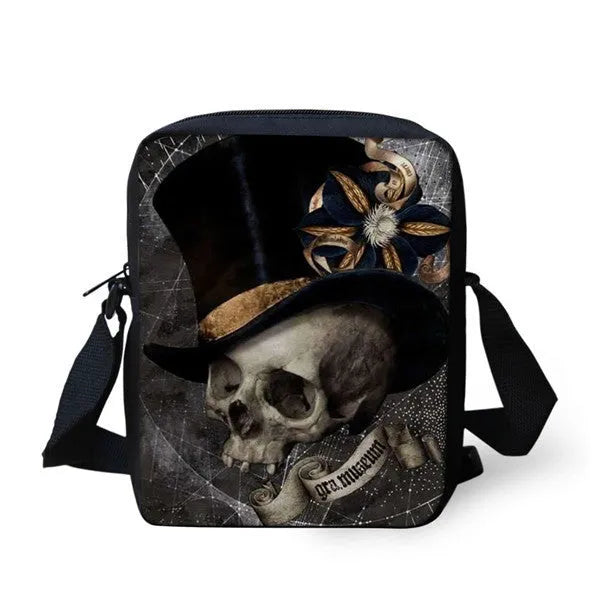 Children's messenger bag with skull patterns showing double straps and zipper closure