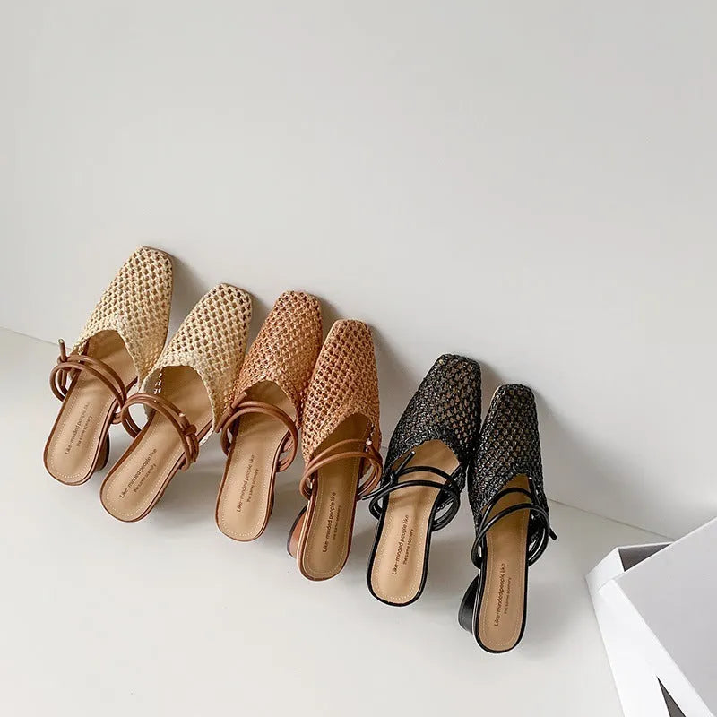Women's French style square toe outdoor slippers with hollow-out breathable design and chunky heel