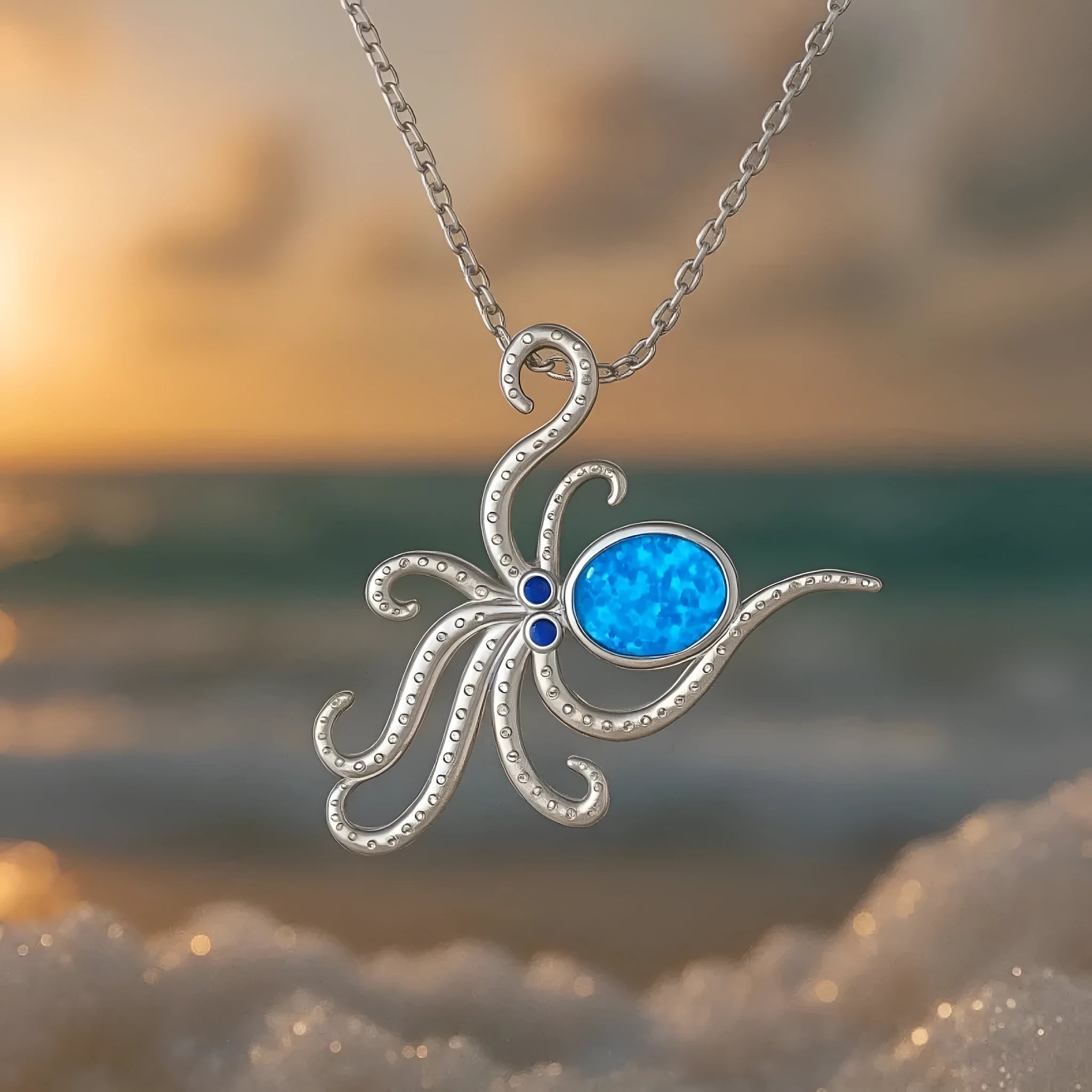 Silver Hawaiian style opal octopus necklace with geometric pendant on stainless steel chain