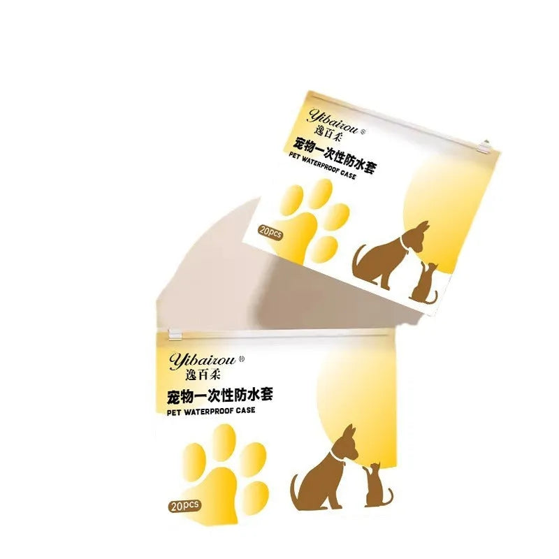 Pack of 20 white disposable waterproof shoe covers for dogs on a blue background