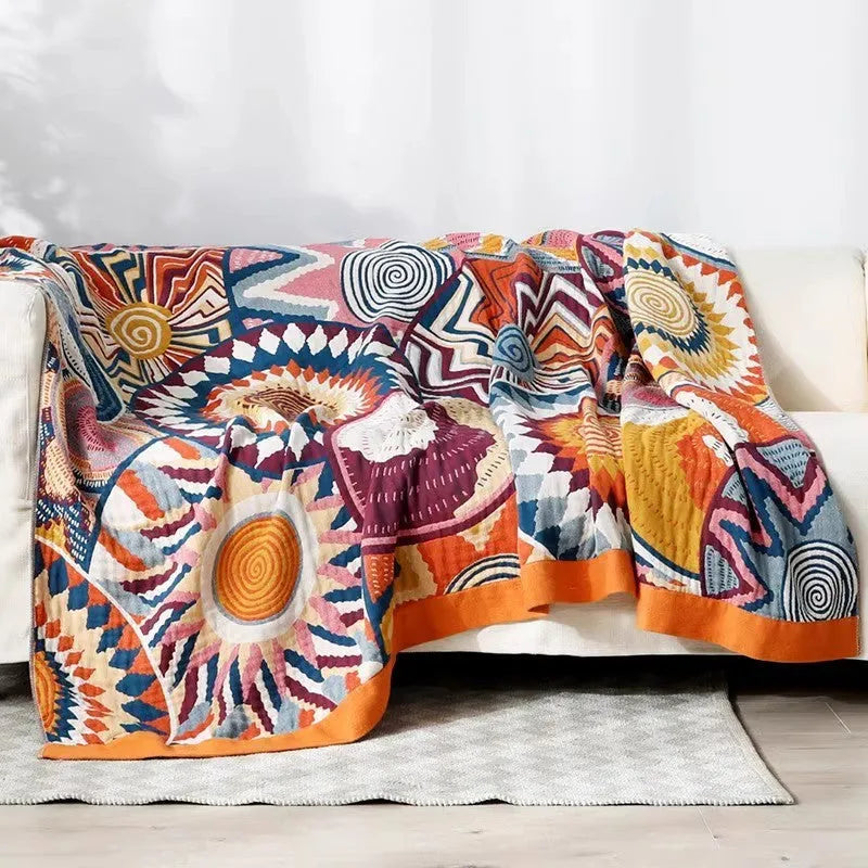 Thickened five-layer gauze pure cotton bed sheet blanket in Roulette Wheel Blue pattern showing modern simplicity design