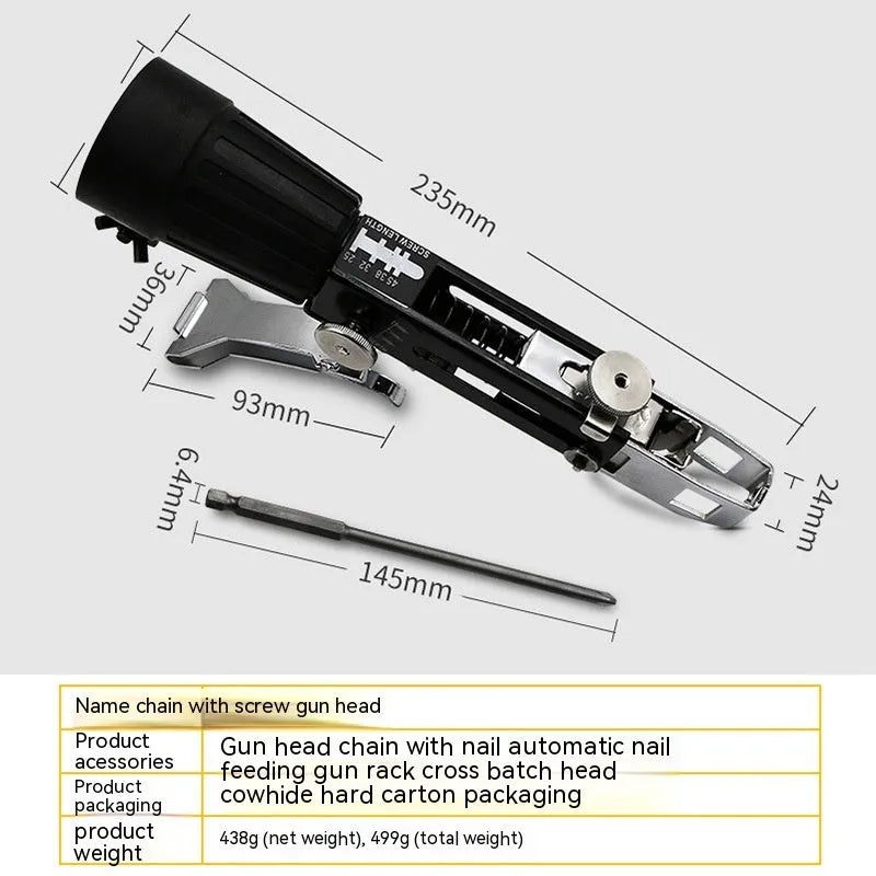 Chain screw gun head kit with metal gun head, chain band D, cross head, and gun rack on workbench