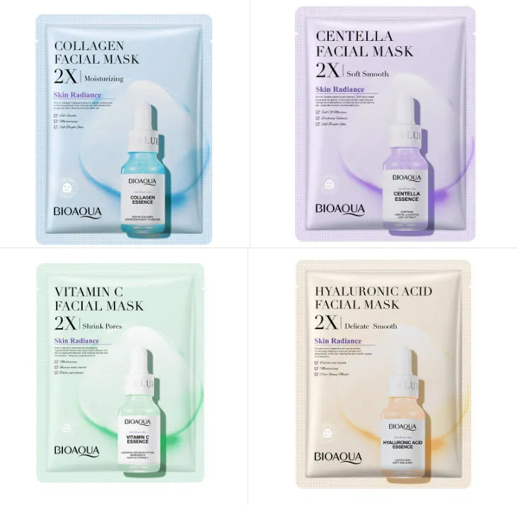 Single-use facial sheet mask with gel serum, shown in Centella, Collagen, Hyaluronic Acid or Vitamin C variants.