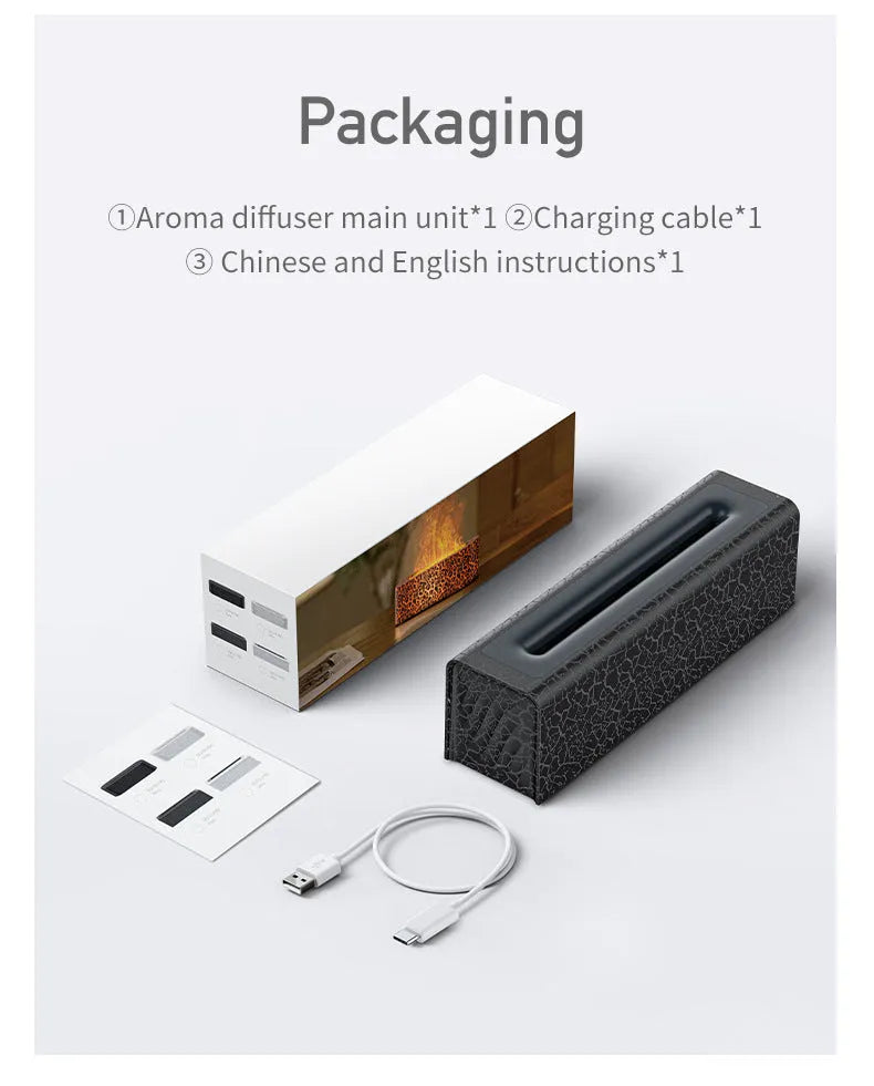 Square creative lava flame aroma diffuser humidifier on desktop with USB cable
