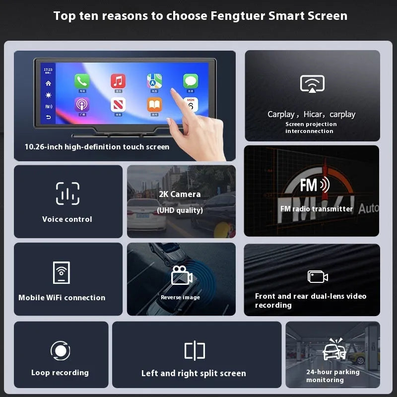 10 inch car smart screen with Apple CarPlay, dual recording cameras, and touch screen display