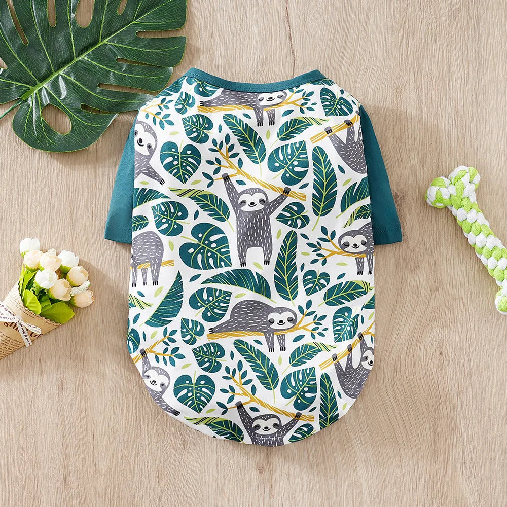 Small dog wearing full-print polyester t-shirt in casual style for spring or autumn