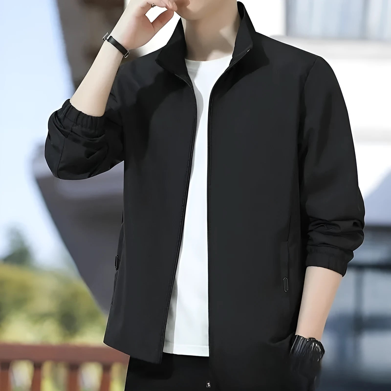Korean style loose lapel autumn jacket in polyester blend fabric with zipper pockets