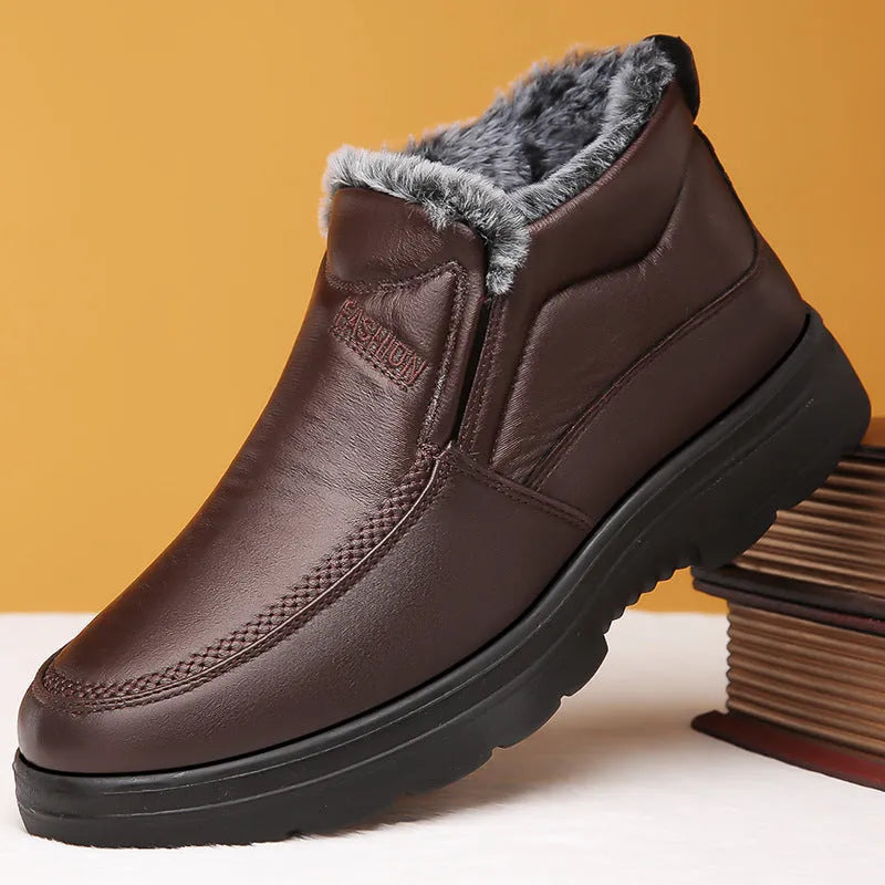 Men's black winter slip-on shoes with fleece lining and a rubber sole