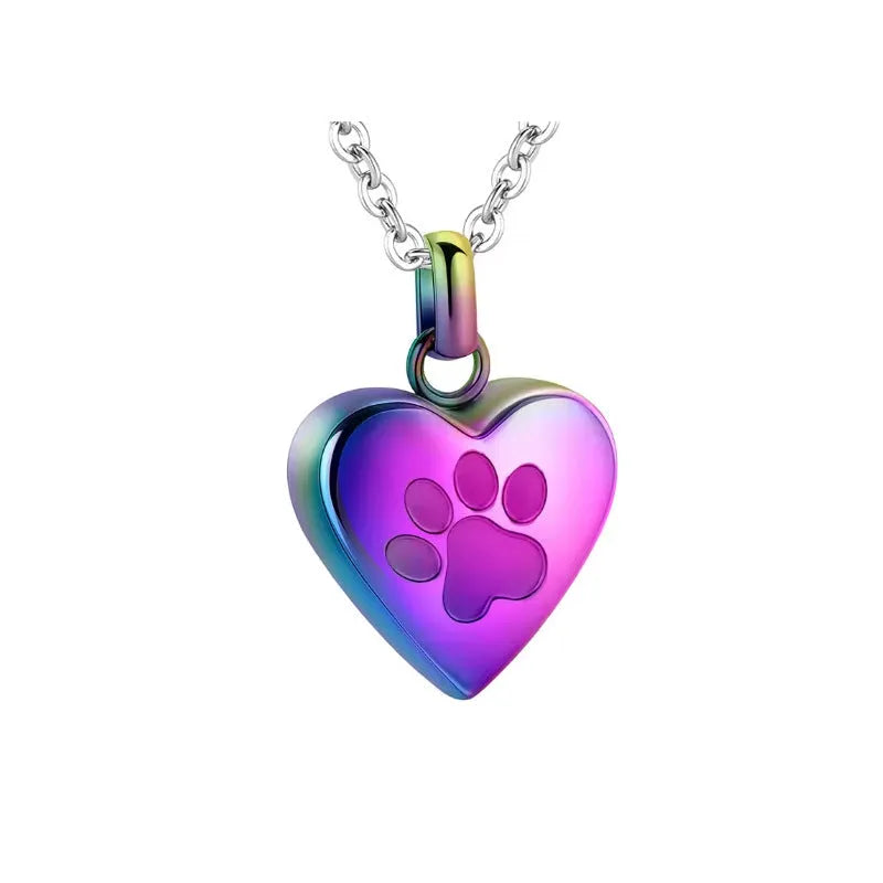Openable heart-shaped paw print casket necklace in titanium steel on a chain.