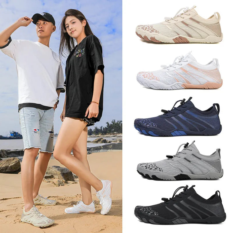 Beach running shoes with Lycra stretch fabric upper in various colours, showing casual design.
