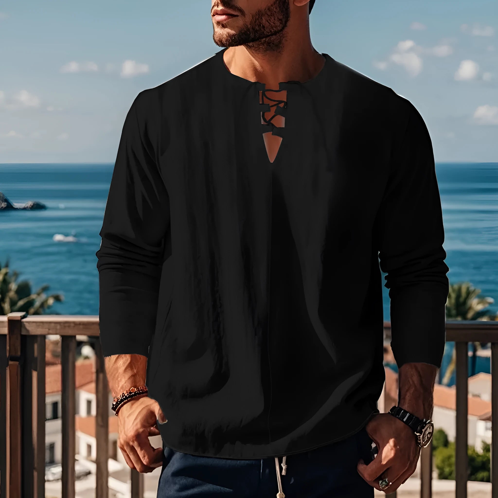 Cotton linen beach ruff shirt in solid colour with loose pullover design