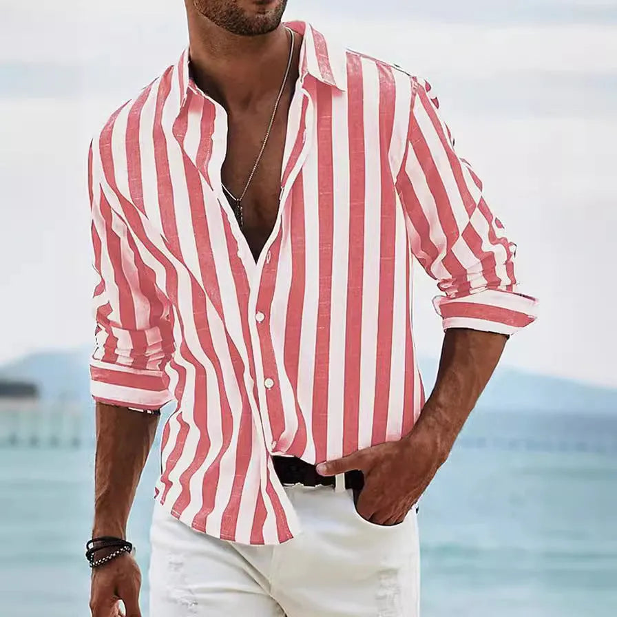 Men's yarn-dyed striped casual shirt in British-style loose fit with long sleeves