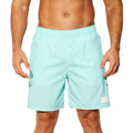 Men's solid colour quick-drying nylon beach shorts on a hanger, showing straight leg opening.