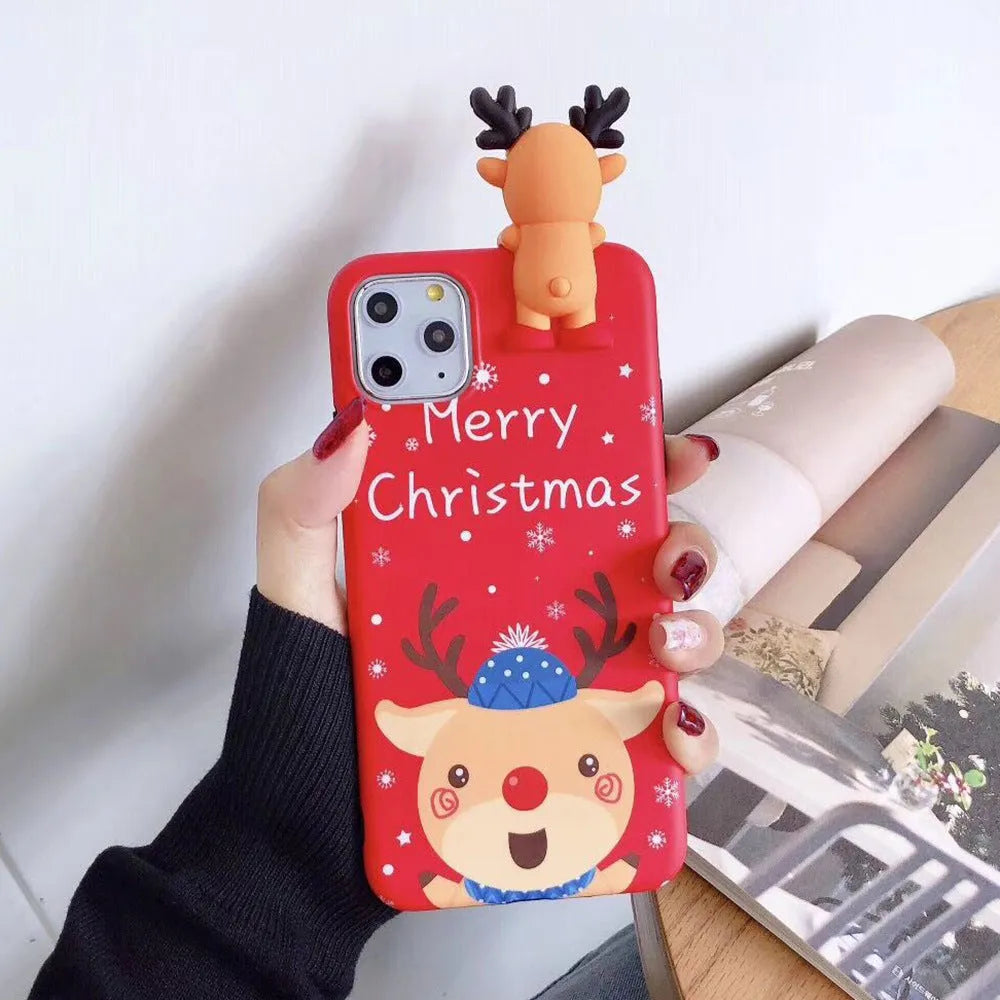 Christmas design silicone back cover case for various iPhone models on a red background.