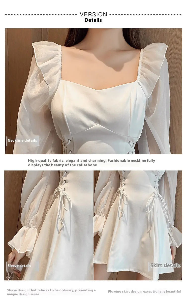 White chiffon patchwork dress with waist-slimming design and long sleeves