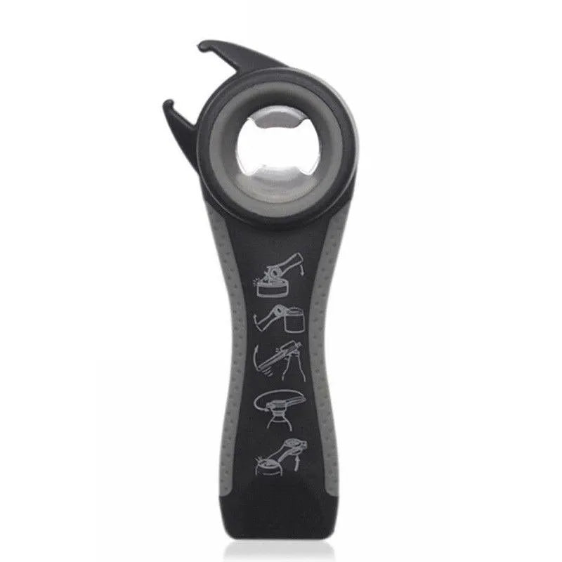 5 in 1 stainless steel can opener and bottle opener, 14.5 cm, with PP handle in black, green, purple, or white