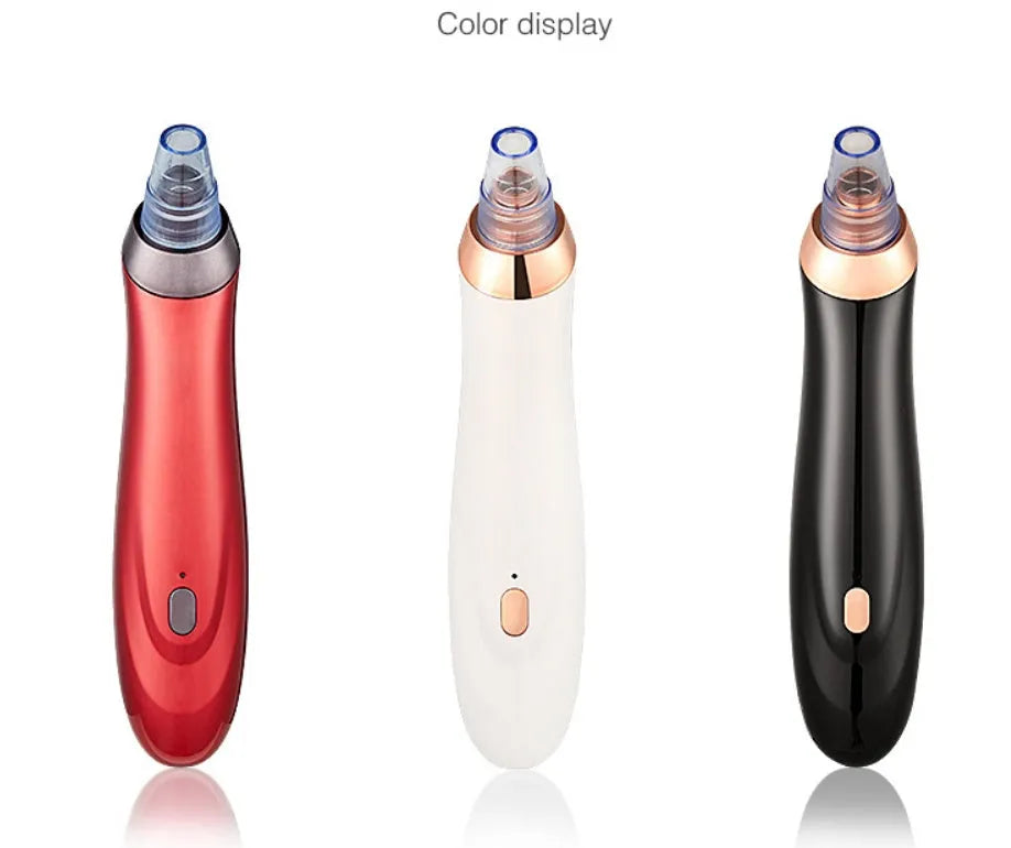 Black, gold, red, or white electric blackhead remover device with nozzle attachments on a white background.
