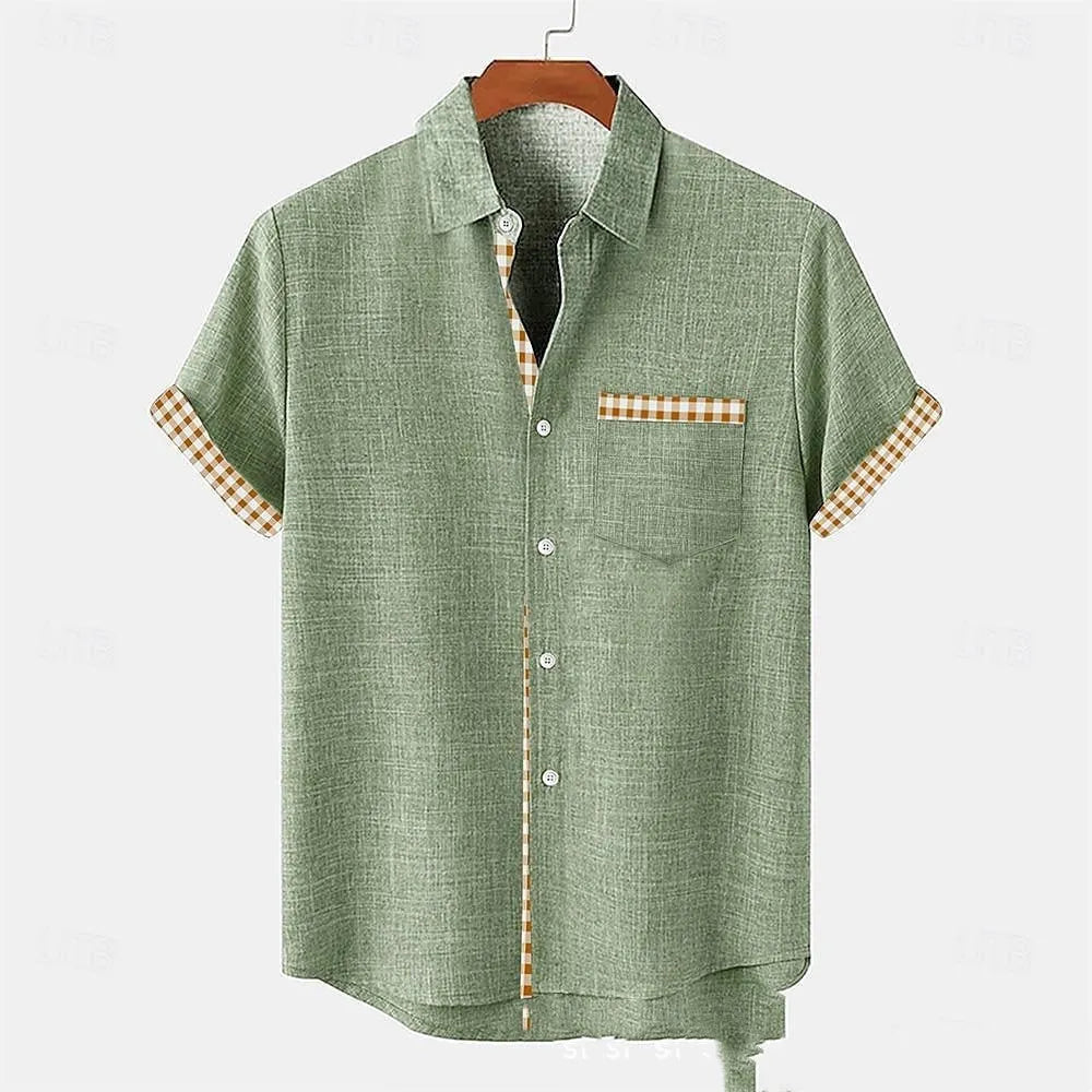 A loose-fit linen short-sleeve shirt with an ocean fish pattern, shown in a casual style.