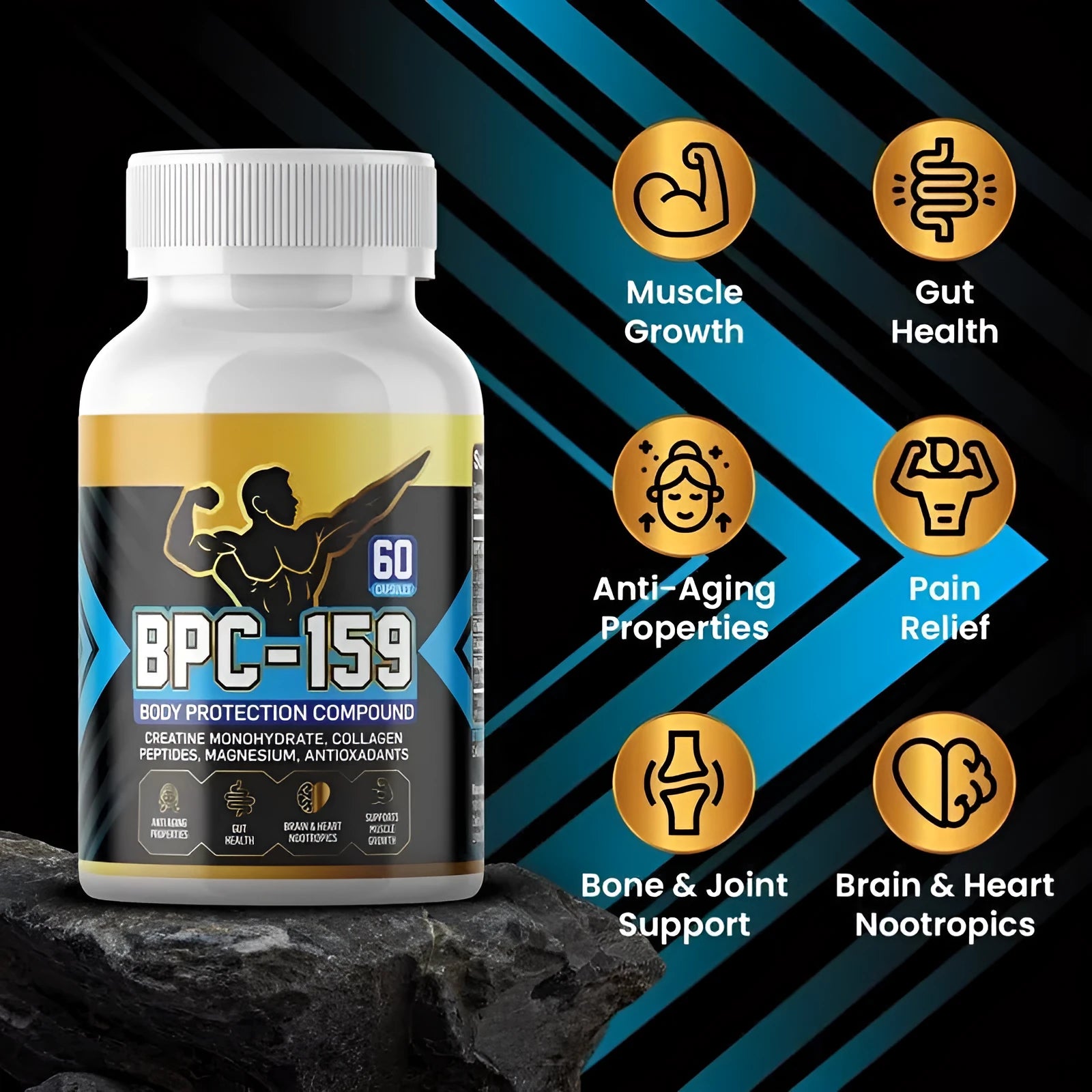 A single bottle of body energy support dietary supplement capsules on a plain background.