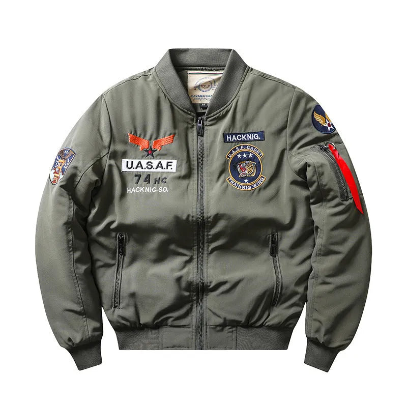 Men's slim-fit black retro motorcycle jacket with stand collar and patch pockets